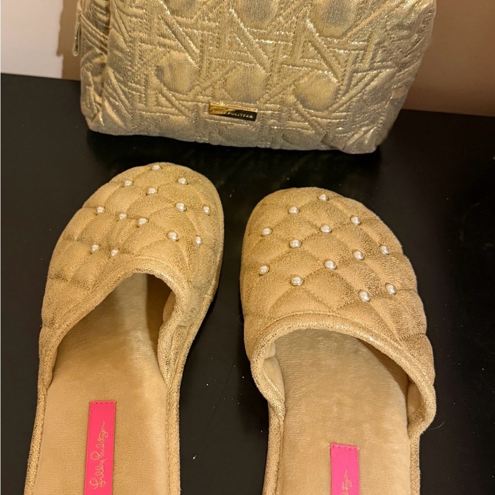 Size 7/8 Lilly Pulitzer Gold Quilted Slippers and gold Lilly makeup bag